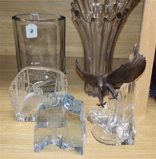 Two signed art glass vases, two bird glass ornaments and a German eagle on a glass rock (5)
